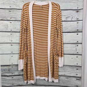 Magic Fit Camel White Stripe Long Cardigan Pockets Size L